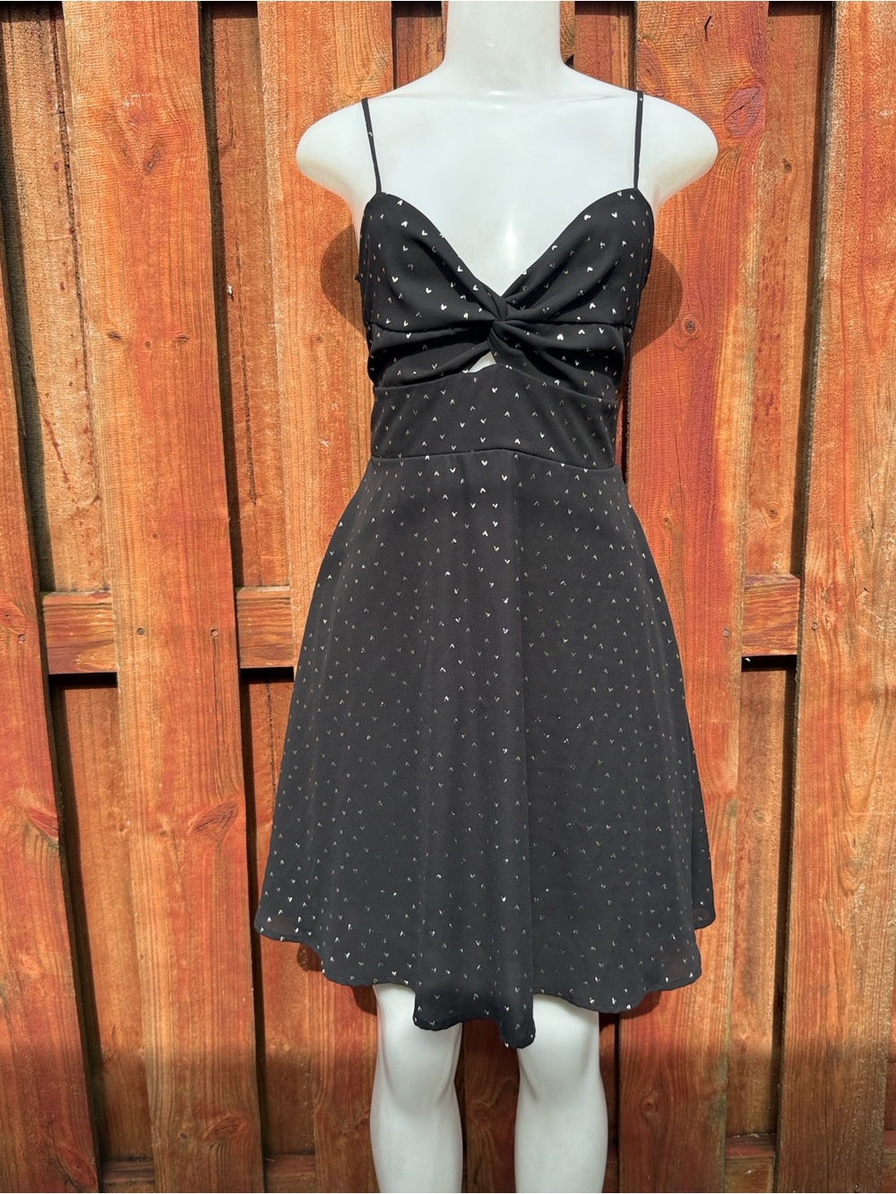 Papaya Black Silver Foil Heart Twist Front Cutout Back Tie Mini Dress Medium